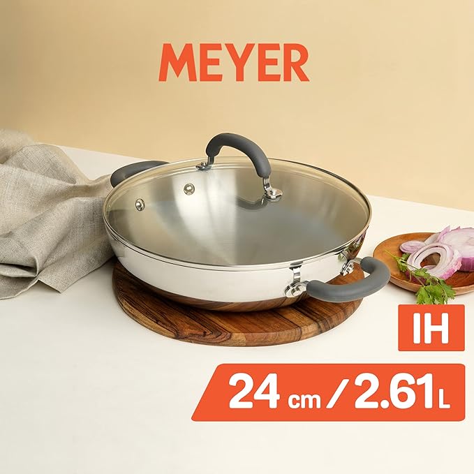 Trivantage Nickel Free Stainless Steel Triply Kadai with Steel Lid 24 cm Silver