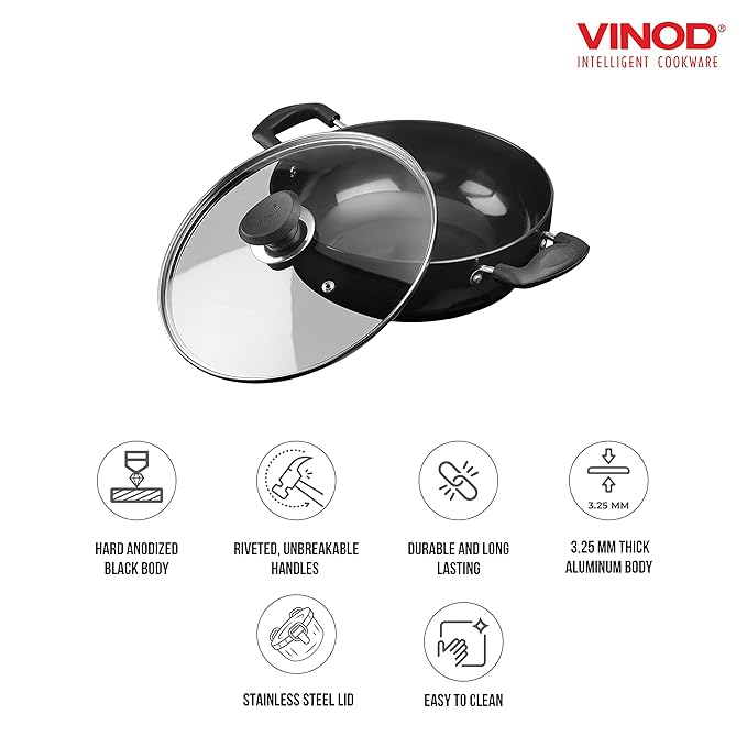Hard Anodised Non Stick Deep Kadhai with Glass Lid - 3.1 L, 24 cm, 3.25 mm Thickness, kadai for Cooking