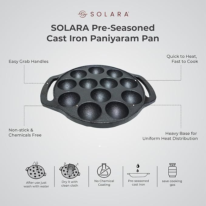 Pre Seasoned Cast Iron Paniyaram Pan 12 Cavities 20 cm Appam Patra, Paniyarakkal Pan, Cast Iron Cookware