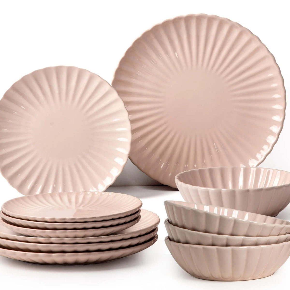Scalloped 12 Pieces Solid Stoneware Dinner Set Pink Lead Cadmium Free Microwave Dishwasher Safe 4 Dinner