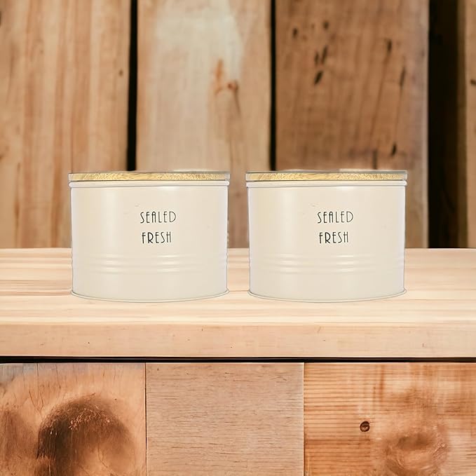 Kitchen Storage Jars Tin Jar With Wooden Lid Air Tight Jar, 300 ml, Pack of 2 - Design 2