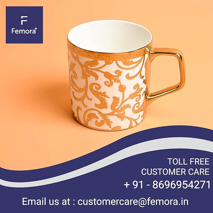 Gloden Floral Motif Pattern Golden Tea Mugs, Ceramic, Coffee Mugs, 180 ml, Golden, 6 Pcs Set