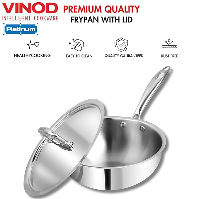 Triply Stainless Steel Frypan - 22 cm, Deep Skillet Pan with Lid, Rivetted Study Handle
