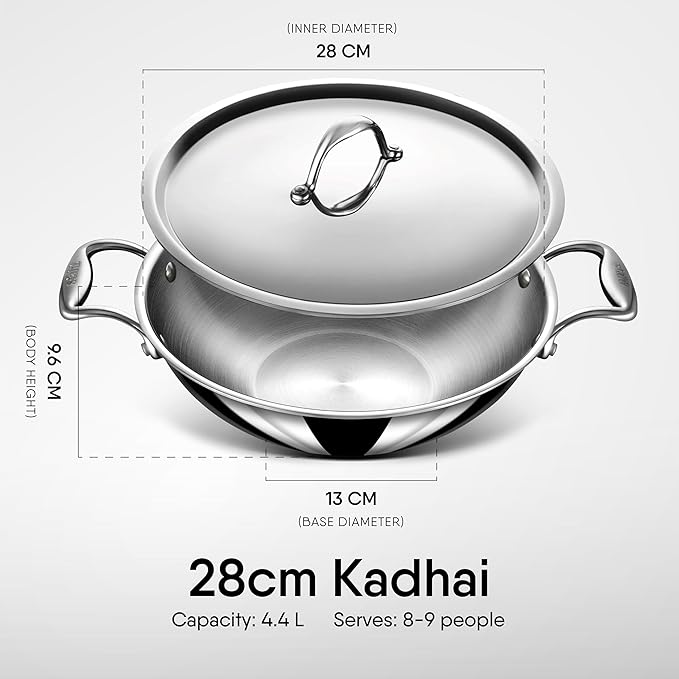 Triply Stainless Steel Kadhai With Lid, Kadai for Cooking, Induction & Gas Stove Compatible, 4.4 L, 28 cm