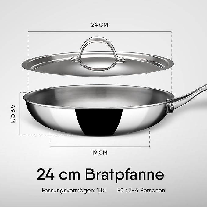 Triply Stainless Steel Fry Pan With Lid, Induction & Gas Stove Compatible Frying Pan, 1.3 L 22 cm