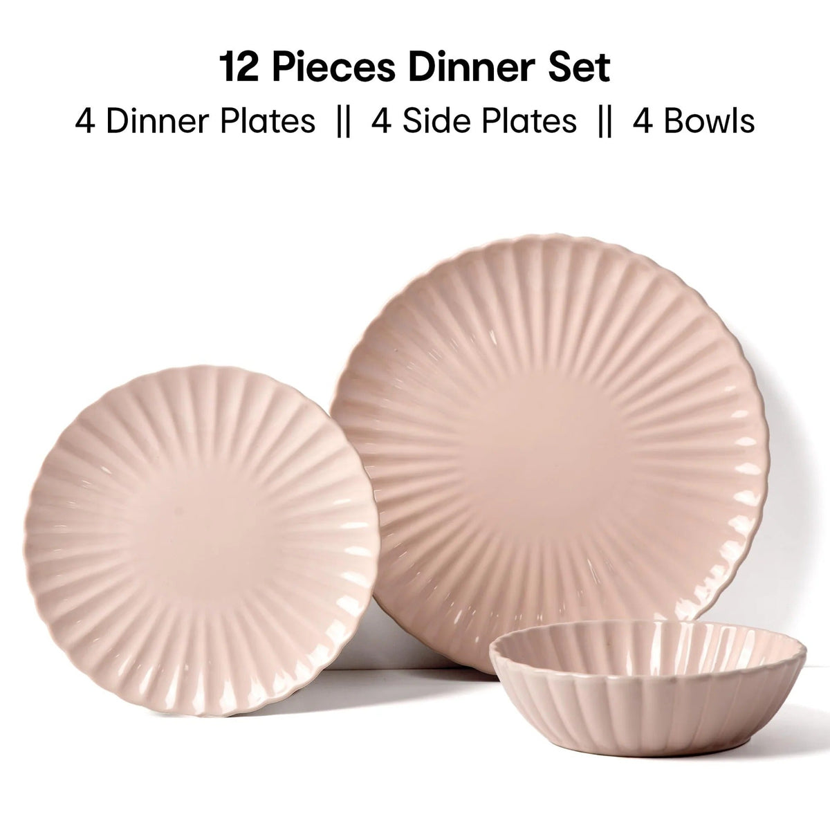 Scalloped 12 Pieces Solid Stoneware Dinner Set Pink Lead Cadmium Free Microwave Dishwasher Safe 4 Dinner
