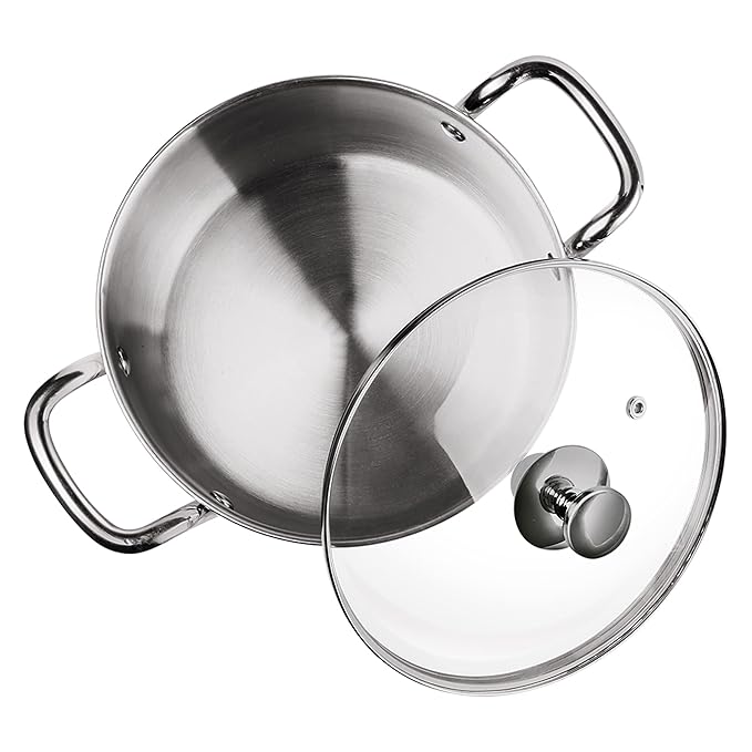 Triply Stainless Steel Sandwich Bottom Casserole Handi/stock Pot/biryani Pot With Glass Lid 20 cm