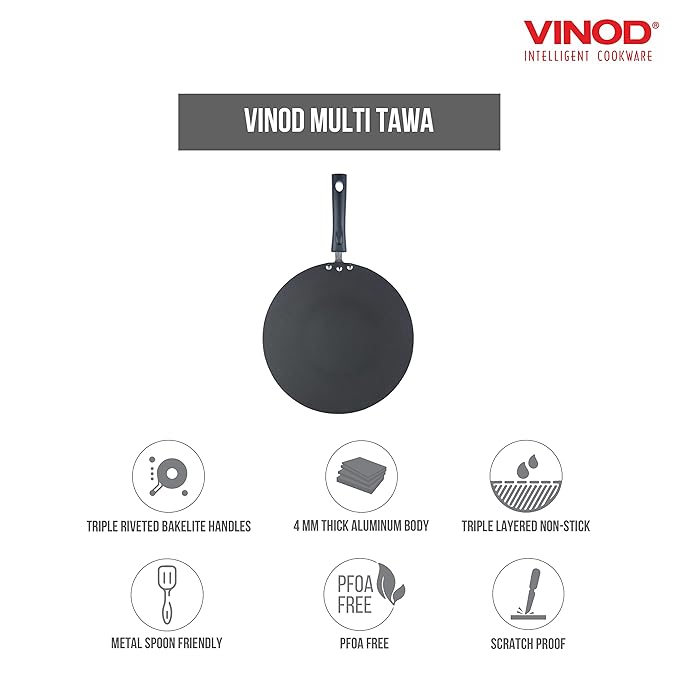 Aluminium Non Stick Flat Multi Tawa - 32.5 cm, Triple Layer Ceramic Coating, 4 mm Extra Thick Roti Tawa