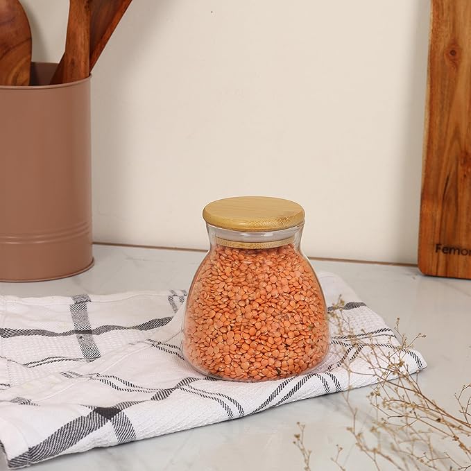 Kitchen Storage Jars Borosilicate Glass With Wooden Lid Air Tight Jar, 450 ml, Pack of 2