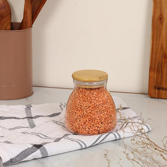 Kitchen Storage Jars Borosilicate Glass With Wooden Lid Air Tight Jar, 450 ml, Pack of 2
