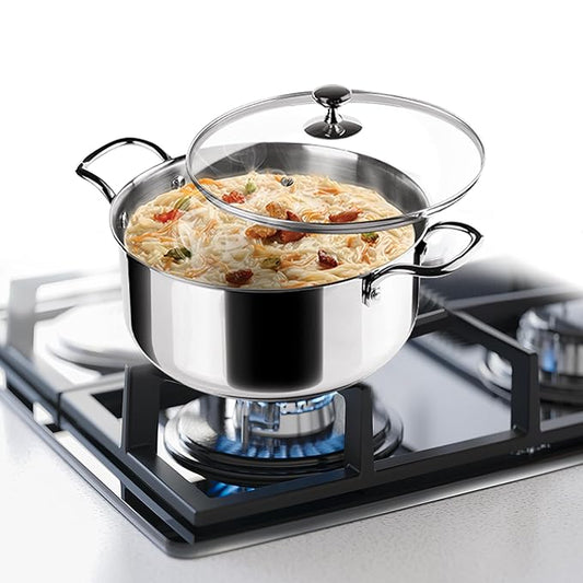 Triply Stainless-Steel Sandwich Bottom Casserole Handi/Stock Pot/Biryani Pot with Glass Lid 24 cm, 5 L