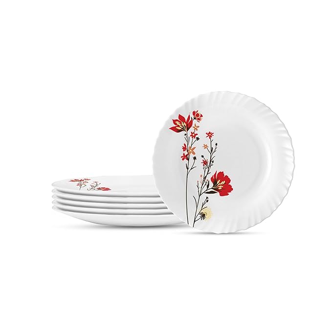 Opalware Full Plate, 11 inch, Set of 6, Red & White