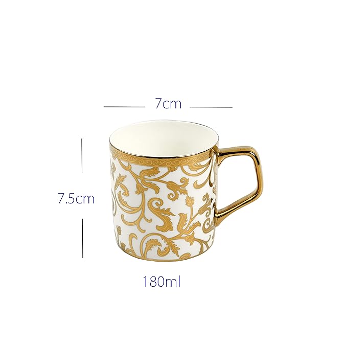 Gloden Floral Motif Pattern Golden Tea Mugs, Ceramic, Coffee Mugs, 180 ml, Golden, 6 Pcs Set