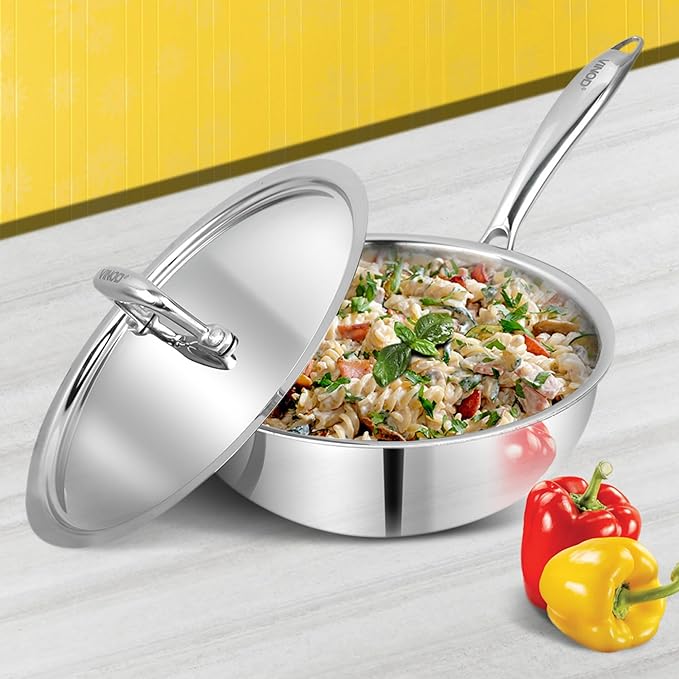 Triply Stainless Steel Frypan - 22 cm, Deep Skillet Pan with Lid, Rivetted Study Handle