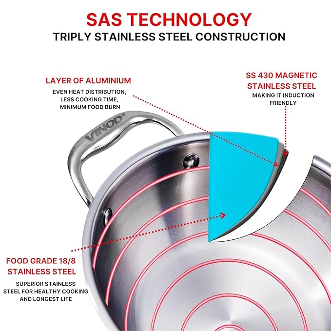 Triply Stainless Steel Extra Deep Kadai with Glass Lid 4.8 L (28 cm), 2.5 mm Thick, Kadai for Cooking