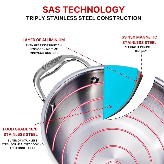 Triply Stainless Steel Extra Deep Kadai with Glass Lid 5.5 L (30 cm), 2.5 mm Thick, Kadai for Cooking