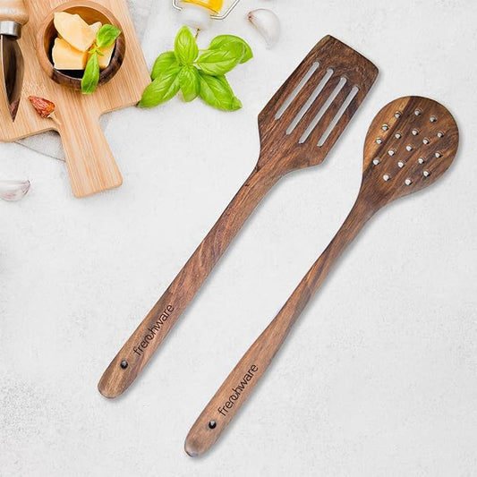 Set of 2, Brown, Pure Sheesham Wood Spoons and Spatula for Non Stick Cookware Used for Cooking, Baking