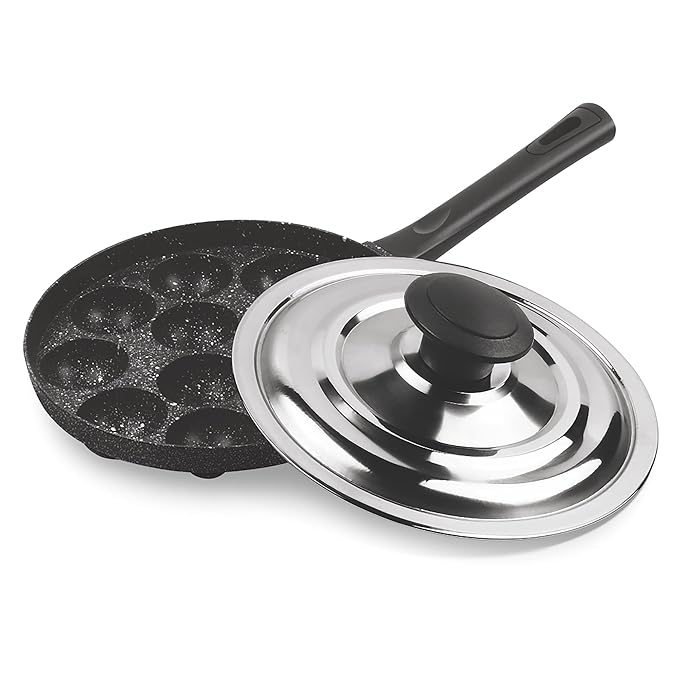 Appam Patra Cookware 12 Cavities, 14 inch Non-stick Paniyaram Pan With Stainless Steel Lid