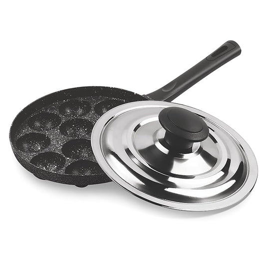 Appam Patra Cookware 12 Cavities, 14 inch Non-stick Paniyaram Pan With Stainless Steel Lid