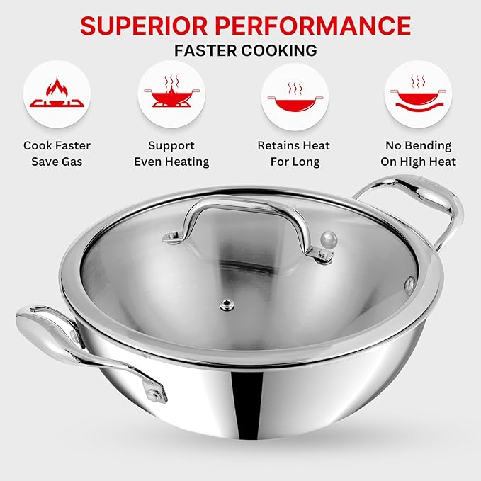 Triply Stainless Steel Extra Deep Kadai with Glass Lid 2.5 L (22 cm), 2.5 mm Thick, Kadai for Cooking