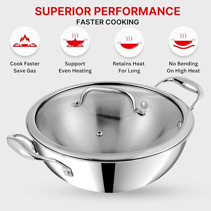 Triply Stainless Steel Extra Deep Kadai with Glass Lid 5.5 L (30 cm), 2.5 mm Thick, Kadai for Cooking