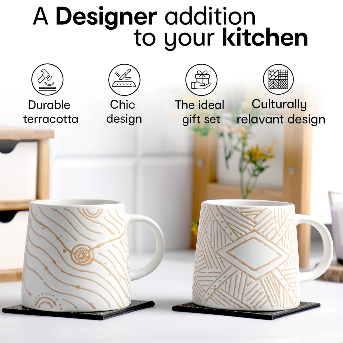 Waluvin Set of 2: Stylish White & Beige Stoneware Mugs, 400 ml, Embossed Design