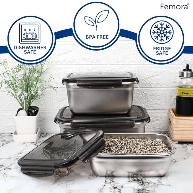 High Steel Rectangle Container With Lock Lid Lunch Box for Office, Storage, Lunch Box, 550 ml, Set of 3