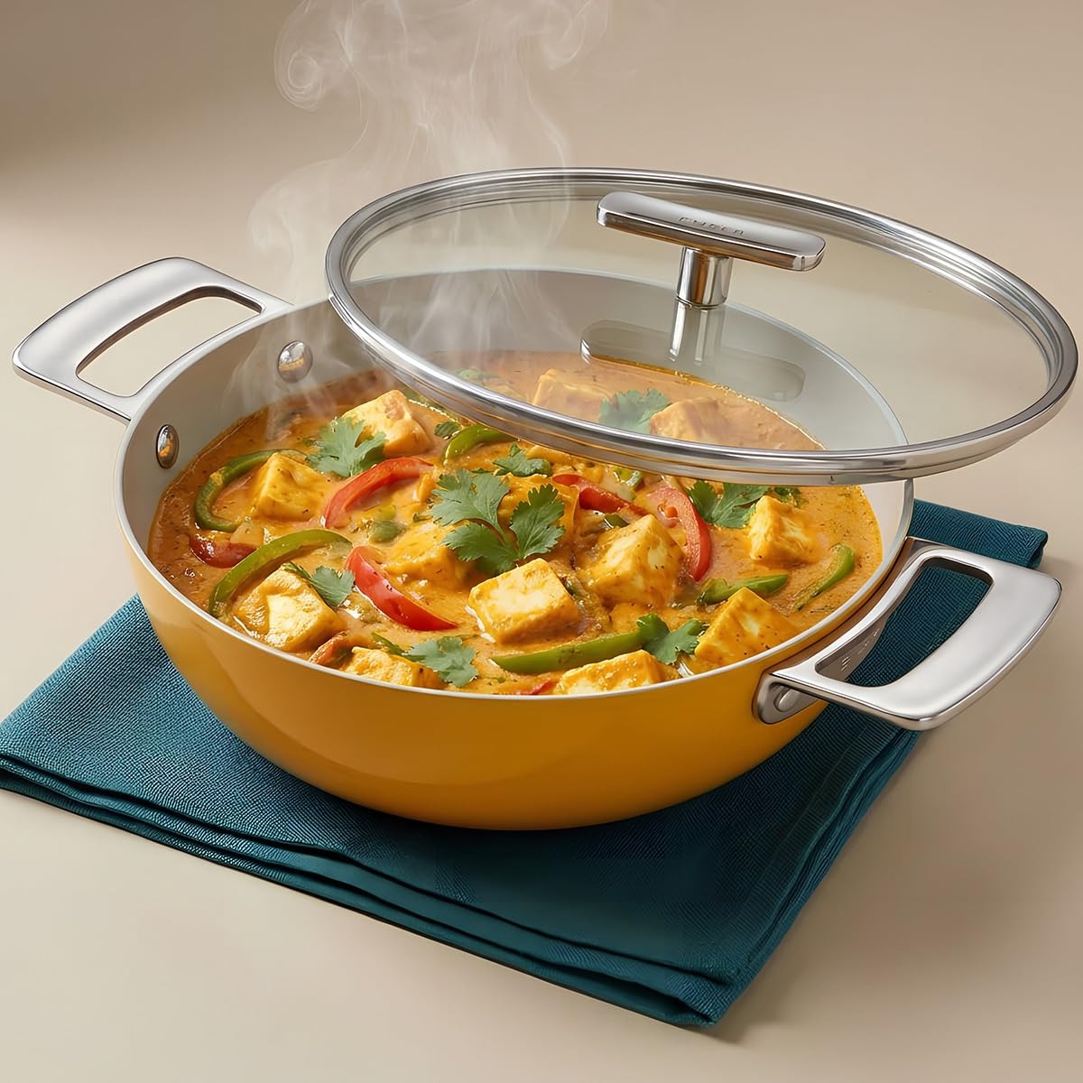 Kadai 24 cm with Glass Lid Soft-Touch Handle Ceramic Non-Stick Benares Gold