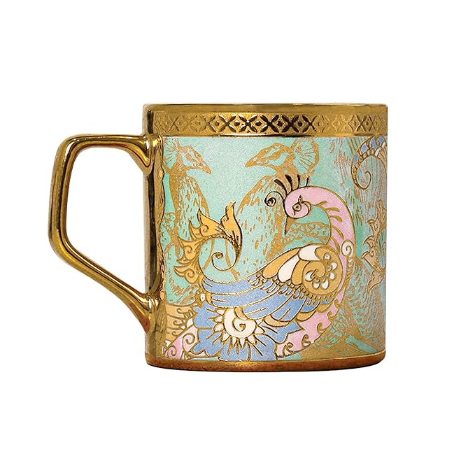 Bone China Gold Tea Cup, 180 ml, Green Leaf Peacock
