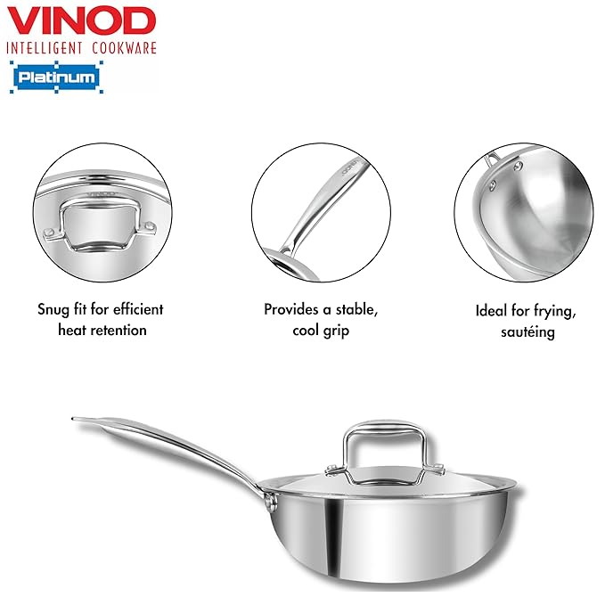 Triply Stainless Steel Frypan - 22 cm, Deep Skillet Pan with Lid, Rivetted Study Handle
