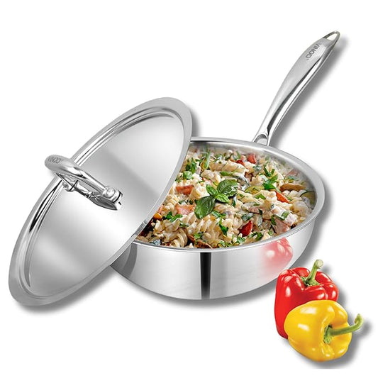 Triply Stainless Steel Frypan - 22 cm, Deep Skillet Pan with Lid, Rivetted Study Handle
