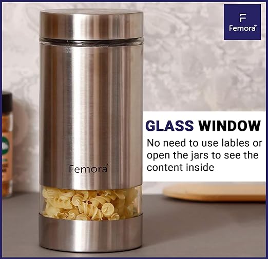 Kitchen Storage Jars Steel Body With See Through Window Jar, 700 ml, Pack of 4