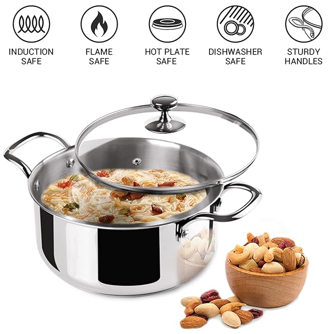 Triply Stainless-Steel Casserole Handi/Stock Pot/Biryani Pot with Glass Lid 16 cm, 1.6 L