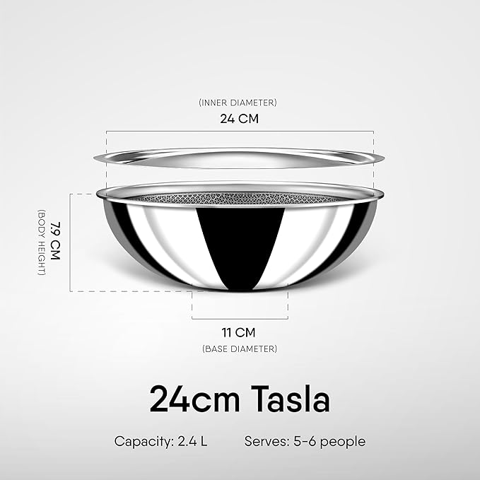 Hybrid Triply Non Stick Tasla With Lid, Stainless Steel Kadai/ Tasla for Cooking, 2.4 L, 24 cm