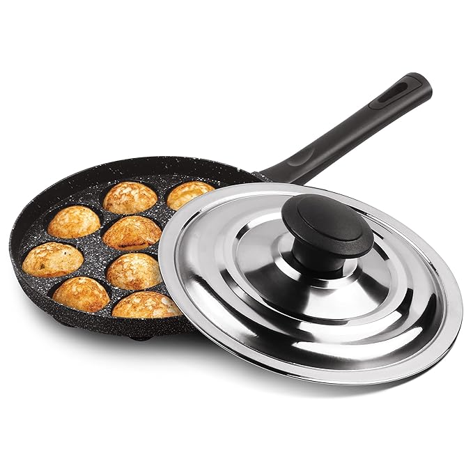 Appam Patra Cookware 12 Cavities, 14 inch Non-stick Paniyaram Pan With Stainless Steel Lid