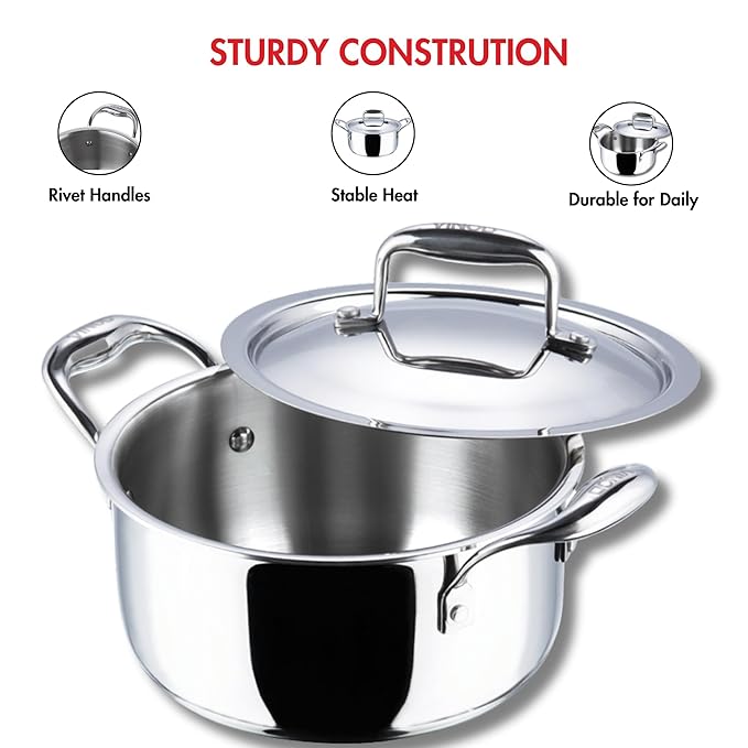 Triply Stainless Steel Saucepot with Lid - 5 L, 24 cm, 2.5 mm Thick, SAS Bottom, Biryani Pot