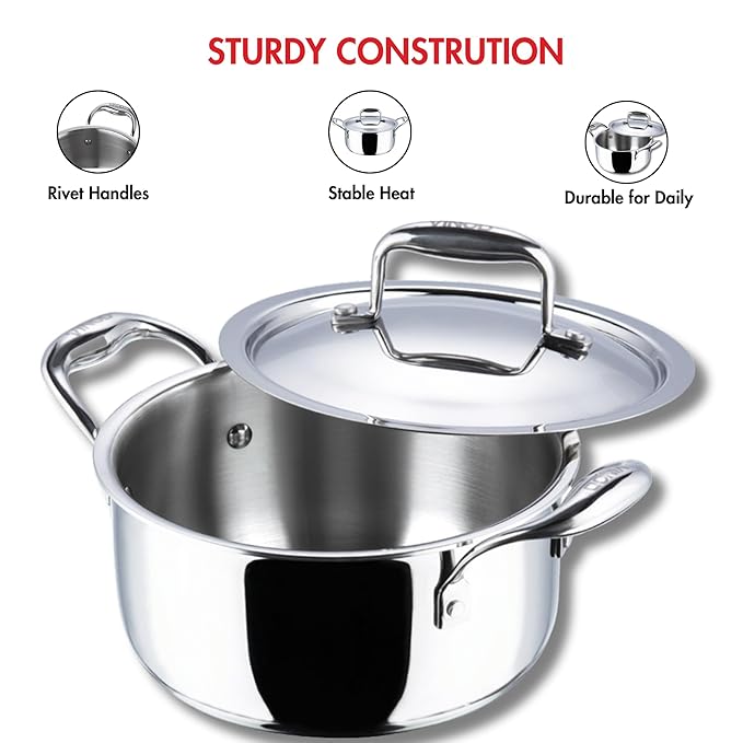 Triply Stainless Steel Saucepot with Lid - 8 L, 30 cm, 2.5 mm Thick, SAS Bottom, Biryani Pot