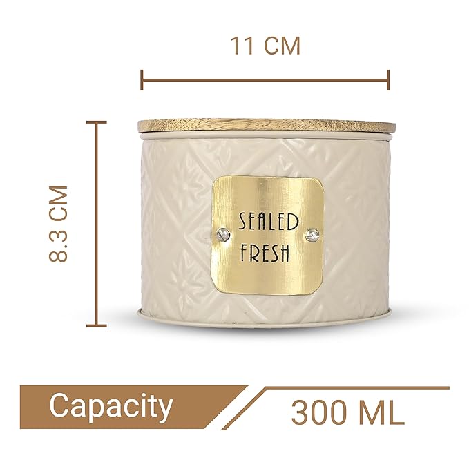 Kitchen Storage Jars Tin Jar With Wooden Lid Air Tight Jar, 300 ml, Set of 1