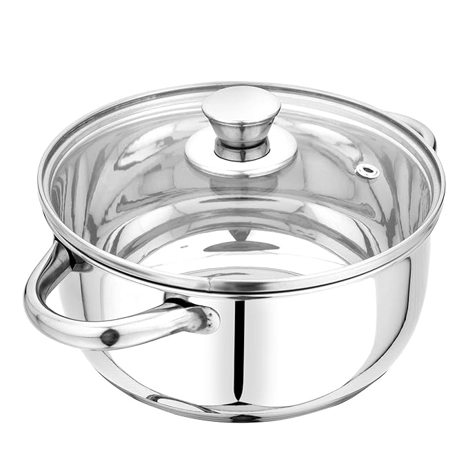 Stainless Steel Tri Ply Induction Base Cook n Serve Casserole with Glass Lid 14 cm