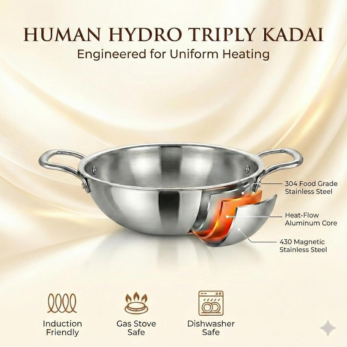 Tri-Ply Stainless Steel Kadai 22 cm 2.2L No Lid Induction Gas Heavy-Duty
