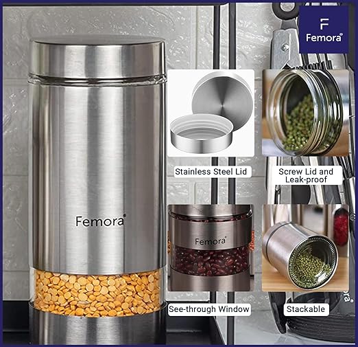 Kitchen Storage Jars Steel Body With See Through Window Jar, 700 ml, Pack of 4