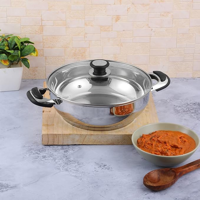 Stainless Steel Kadhai with Glass Lid 1.7 L (20 cm), 6.2 mm Thick, Kadhai for Deep Frying - 6.2 mm Thick - Design 2