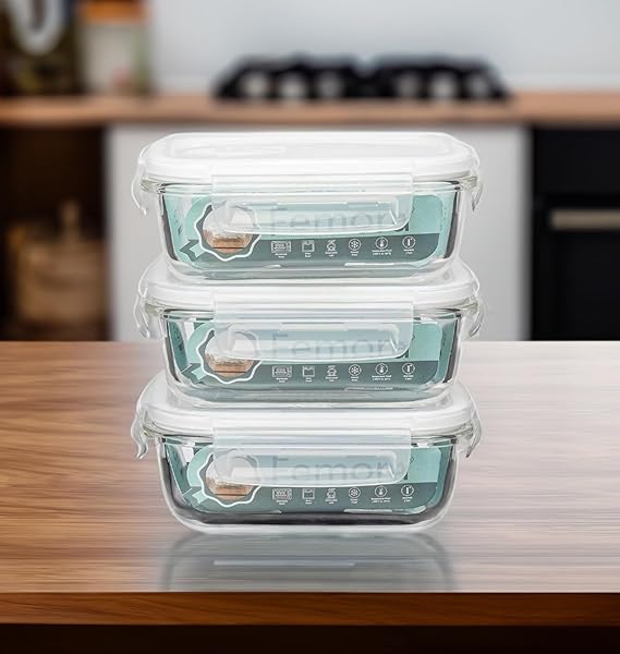 Borosilicate Glass Containers for Kitchen, Storage Box for Kitchen With Air Vent Lid, Set of 3, 400 ml