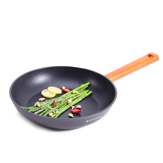 Non-Stick Fry Pan, Induction Bottom, Wooden Handle, Pure Grade Aluminium, 24 cm Frying Pan Non Stick
