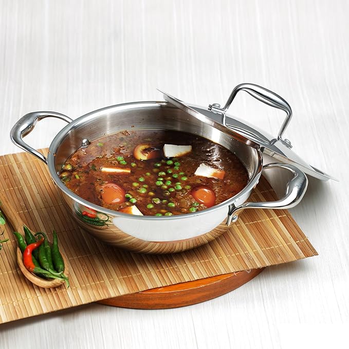 Triply Stainless Steel Cookware Kadai With Lid, 3.2 L, 26 cm, 2.5 mm Thick, 3 Layer Kadhai