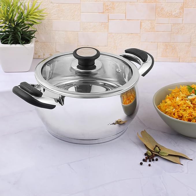 Stainless Steel Saucepot Handi with Glass Lid - 2.7 L, 18 cm, Stylish Durable Handles