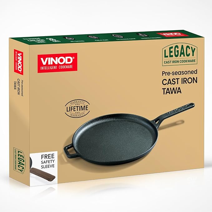 Pre Seasoned Cast Iron Flat Roti Tawa with Handle - 28 cm