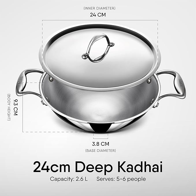 Triply Stainless Steel Round Bottom Kadhai With Lid, Extra Deep Kadai, Stainless Steel Cookware, 2.6 L
