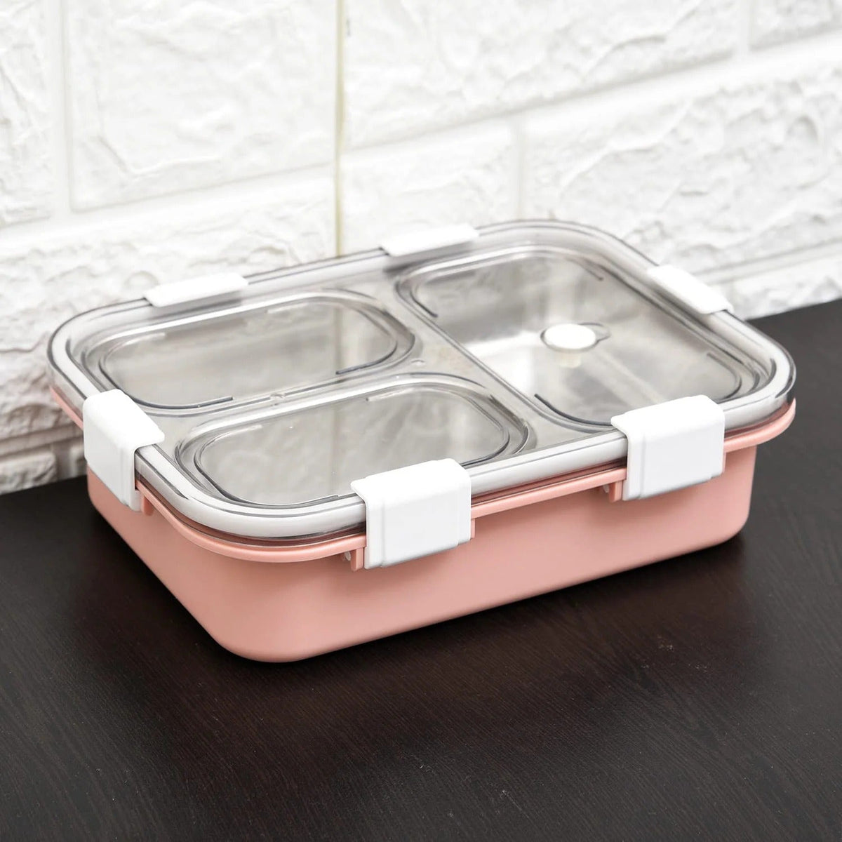 SS 3-Compartment Lunch Box, Chopstick & Spoon, Leak-Proof, Pink