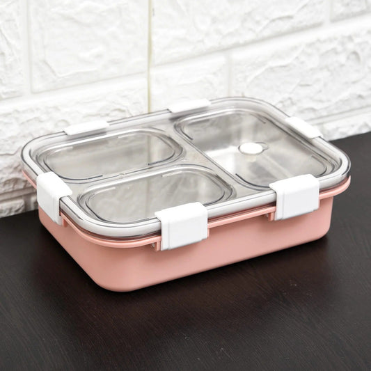 SS 3-Compartment Lunch Box, Chopstick & Spoon, Leak-Proof, Pink